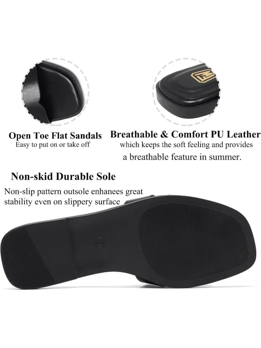 Women's Black Flat Comfortable Slide Fashion Square Open Toe Slip Beach Sandal